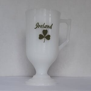 White Milk Glass Pedestal Cup Coffee Mug Single 7 Fl Ounces Green Ireland Detail